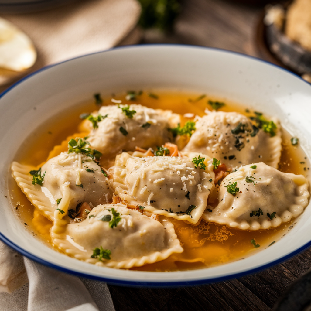 Close-up of cappelletti in golden chicken broth garnished with Parmesan and parsley