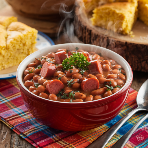 A bowl of beanie weenies served with cornbread and coleslaw on a rustic table.