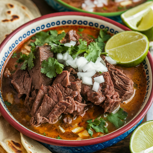 A colorful bowl of carne en su jugo garnished with fresh cilantro and diced onions, served with warm tortillas and lime wedges.