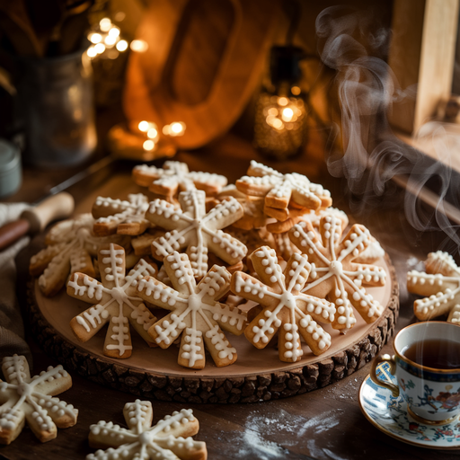 Beautifully arranged windmill cookies on a festive table with holiday decorations and glowing fairy lights.