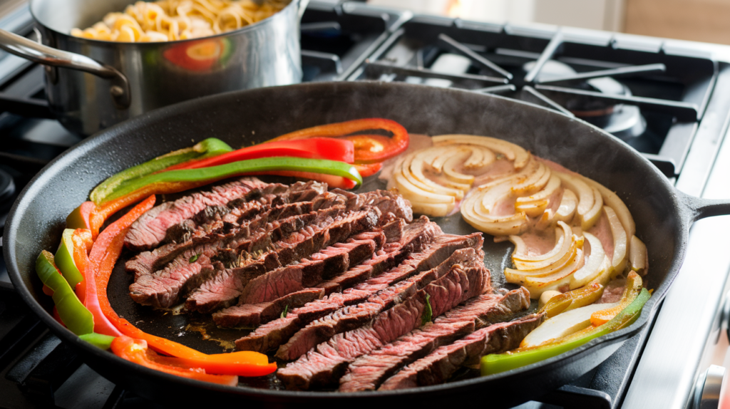 Steak and vegetables sizzling in a skillet with a creamy sauce.