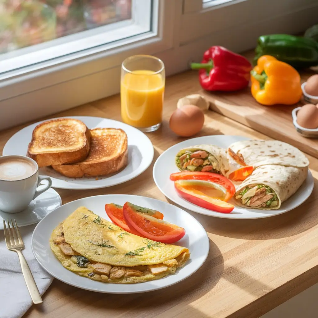 A warm and cozy kitchen scene with sunlight streaming through a window, showcasing a breakfast spread of chicken dishes including a savory chicken omelette, spicy chicken sausages, and a chicken and egg burrito, accompanied by a cup of coffee, orange juice, and fresh ingredients like eggs and peppers.