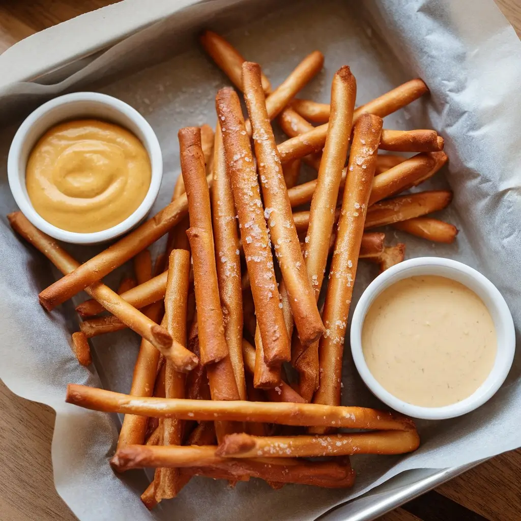 "Golden brown pretzel sticks on a parchment-lined tray, sprinkled with sea salt and served with mustard and cheese dipping sauces."