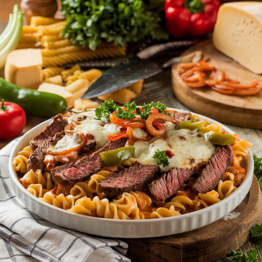 A bowl of creamy Philly cheesesteak pasta topped with sliced steak, sautéed green peppers, caramelized onions, and melted cheese, garnished with fresh parsley, in a warm kitchen setting.