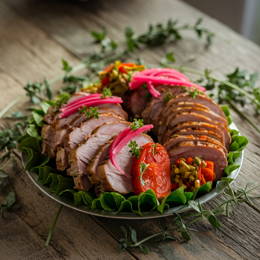 A beautifully arranged platter of souse meat with succulent pieces of pork, vibrant pickled vegetables, and fresh herbs, set on a rustic wooden table with soft natural light highlighting the textures.