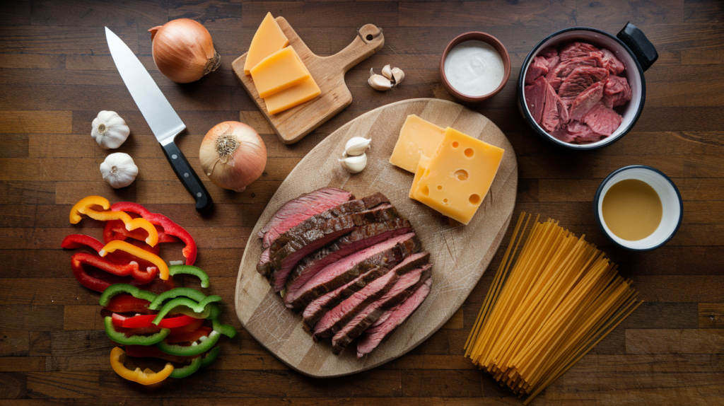 Ingredients for Philly Cheesesteak Pasta neatly arranged on a kitchen counter