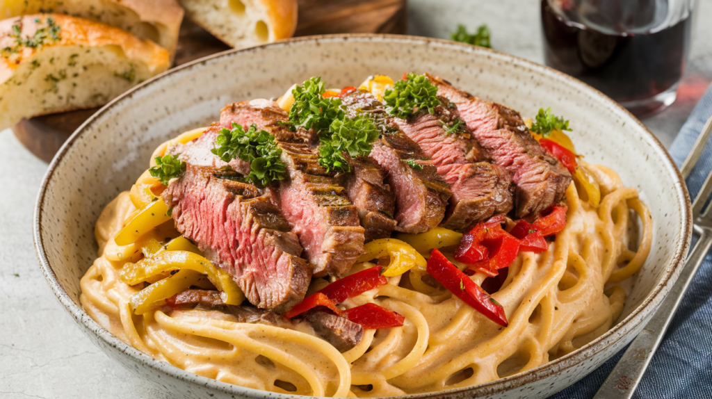 Creamy Philly Cheesesteak Pasta garnished with parsley and served.