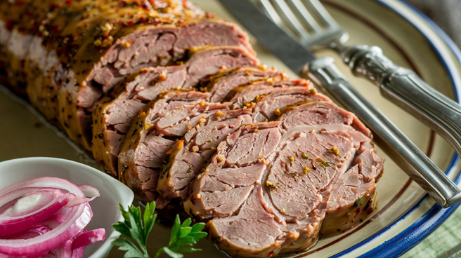 Sliced souse meat with spices and pickled onions