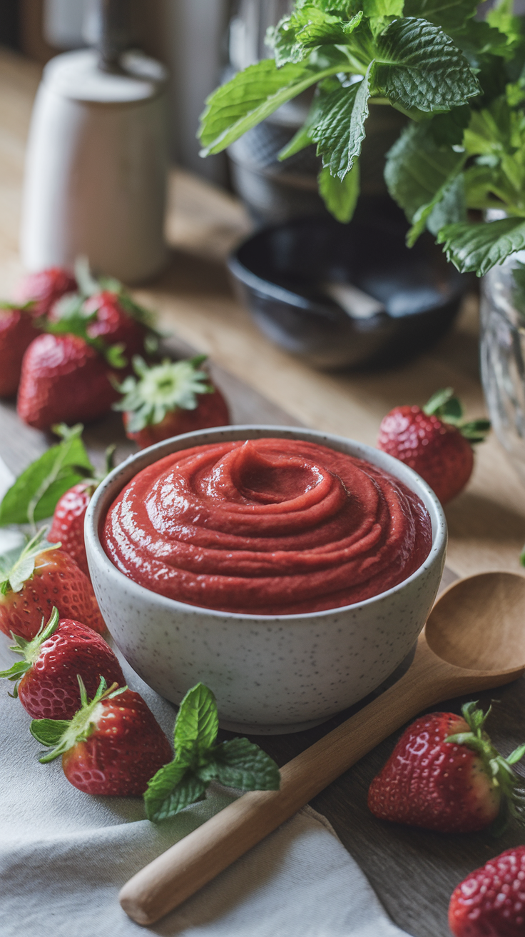 A bowl of smooth strawberry puree surrounded by fresh strawberries and mint leaves with a wooden spoon on a rustic background.