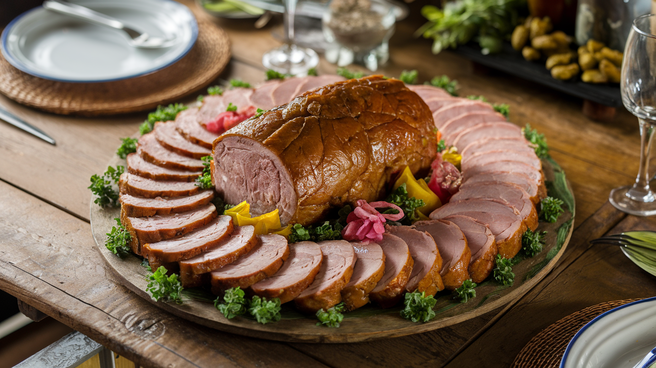 Platter of souse meat with tangy pork loaf and pickled garnishes