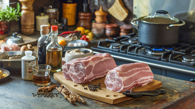 Preparing souse meat with ingredients on a kitchen countertop