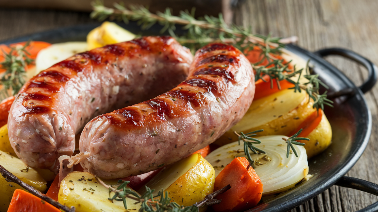 Close-up of a platter featuring sizzling fennel sausage with vibrant herbs, roasted vegetables, and a drizzle of olive oil on a rustic wooden background.