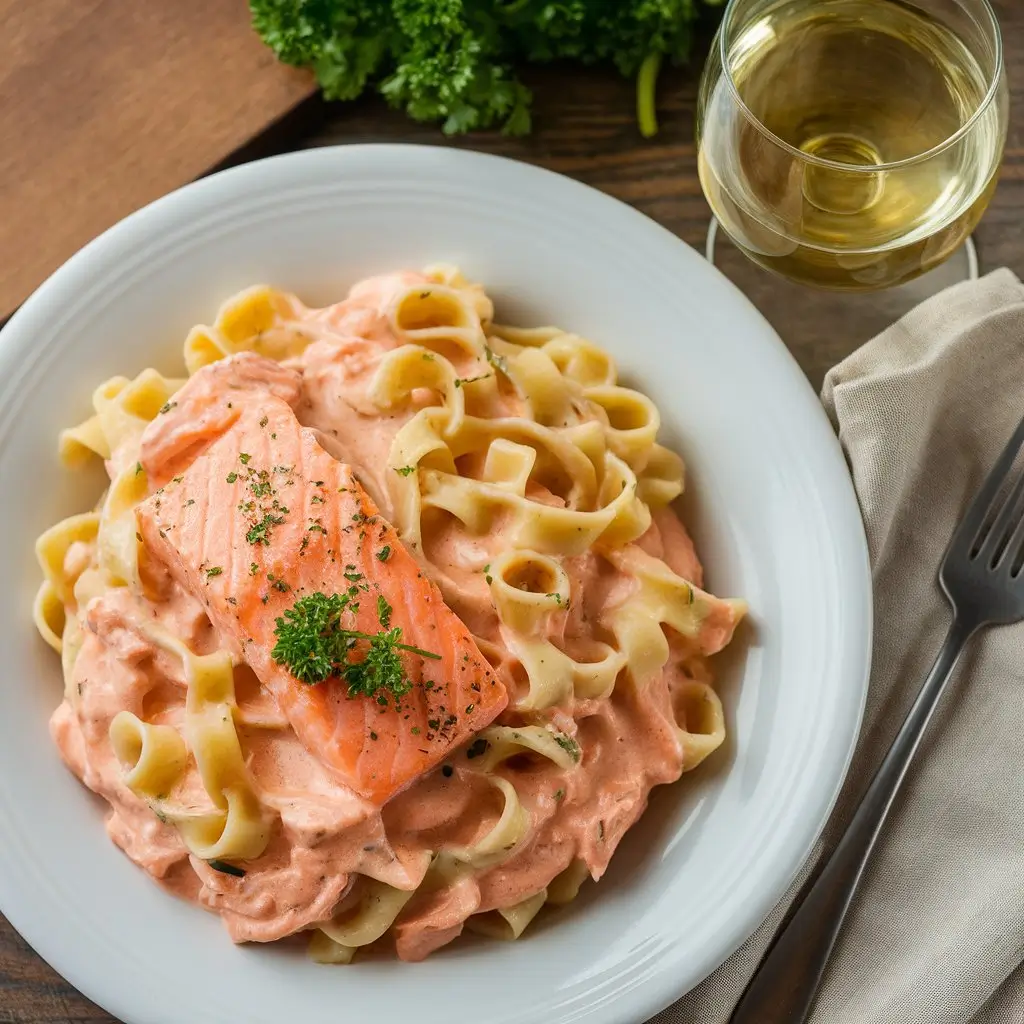 Creamy salmon Alfredo with fettuccine noodles and fresh parsley garnish.