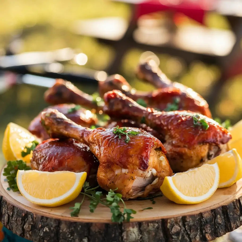 A platter of smoked chicken drumsticks with golden-brown crispy skin, garnished with parsley and lemon wedges on a rustic wooden board.