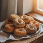 Freshly baked sourdough bagels on a rustic tray