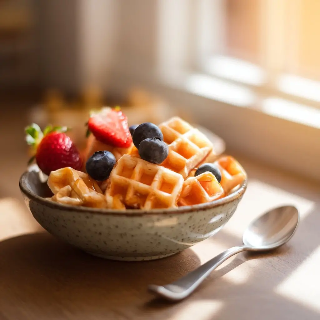 Homemade waffle cereal in a bowl with fresh fruit and honey drizzle.