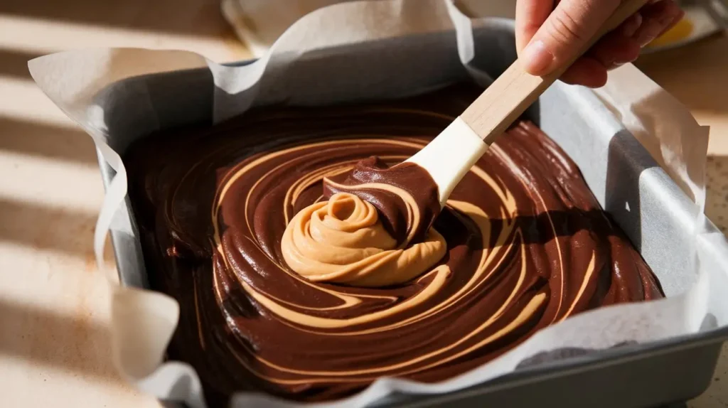 A close-up view of peanut butter being swirled into brownie batter in a baking pan.