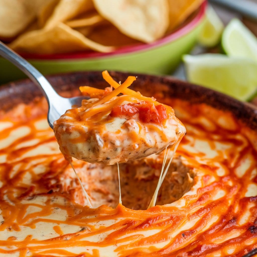 Spoon scooping creamy taco dip with cheese strands and vibrant toppings.