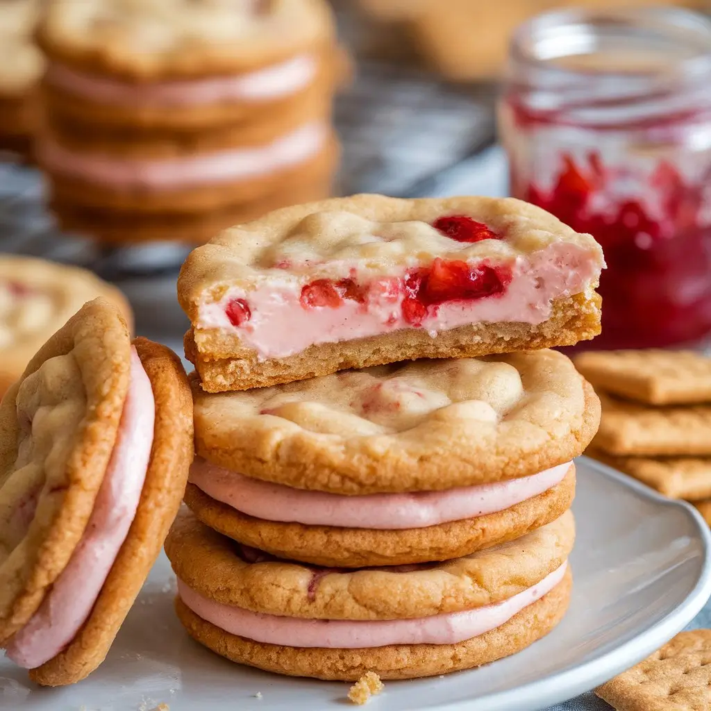 Freshly baked strawberry cheesecake cookies with strawberries and cream cheese.