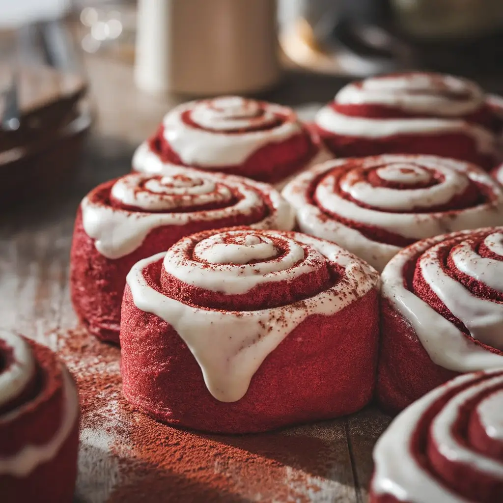 Close-up of freshly baked red velvet cinnamon rolls topped with creamy white frosting and a sprinkle of cocoa powder on a rustic wooden table.