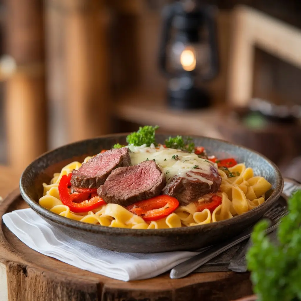 Creamy pasta with tender beef, sautéed peppers, onions, and melted cheese in a rustic bowl, garnished with parsley