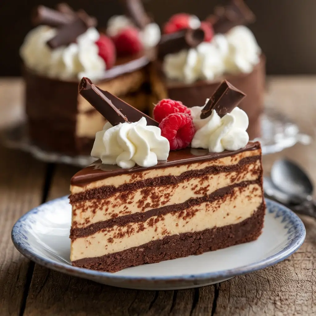 A slice of brownie cheesecake with ganache, whipped cream, and berries.