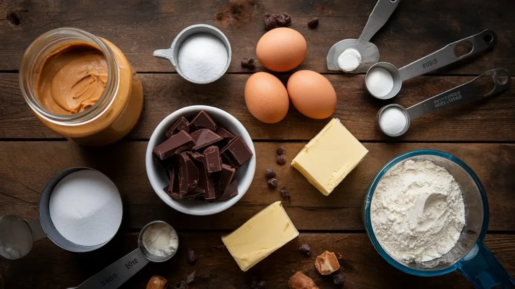 Ingredients for peanut butter brownies on a rustic wooden table.