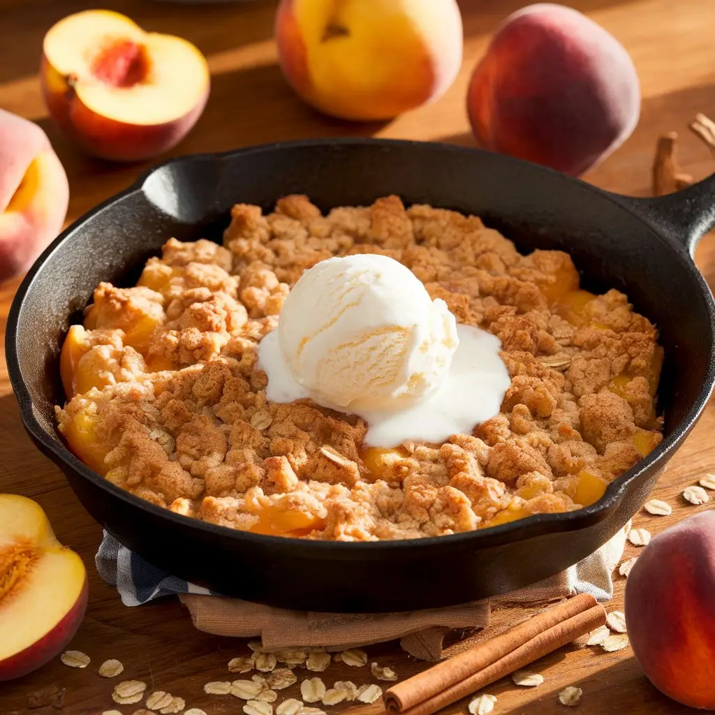 Freshly baked peach crumble in a cast-iron skillet with vanilla ice cream.