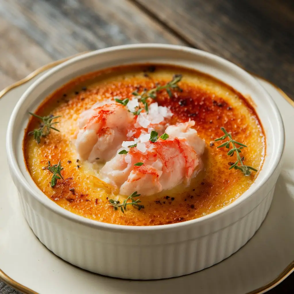 A beautifully plated crab brûlée with a caramelized sugar crust, creamy custard, and fresh herbs served in an elegant ramekin.