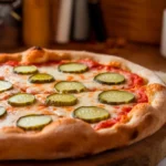 A close-up of freshly baked pickle pie pizza with melted cheese and pickles.