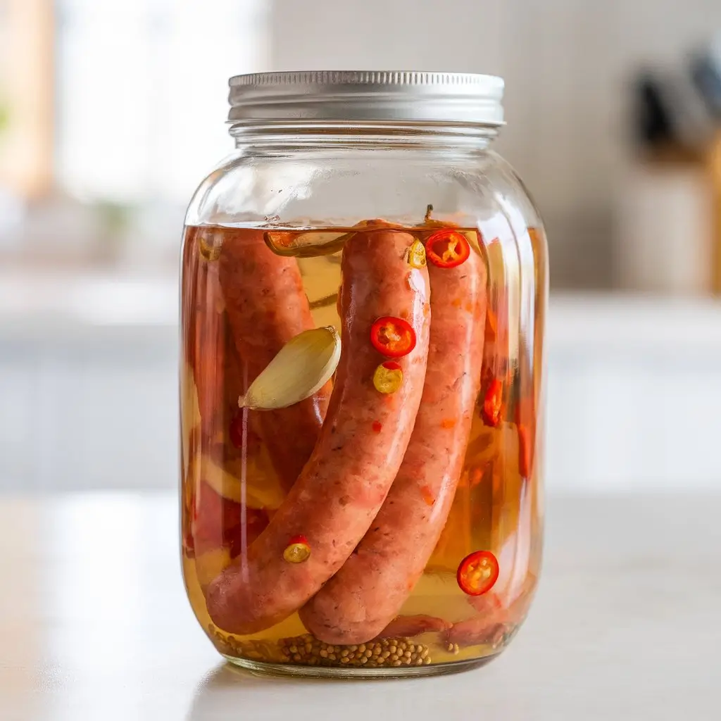 Sealed jar of pickled sausages in spiced vinegar with garlic and chili.