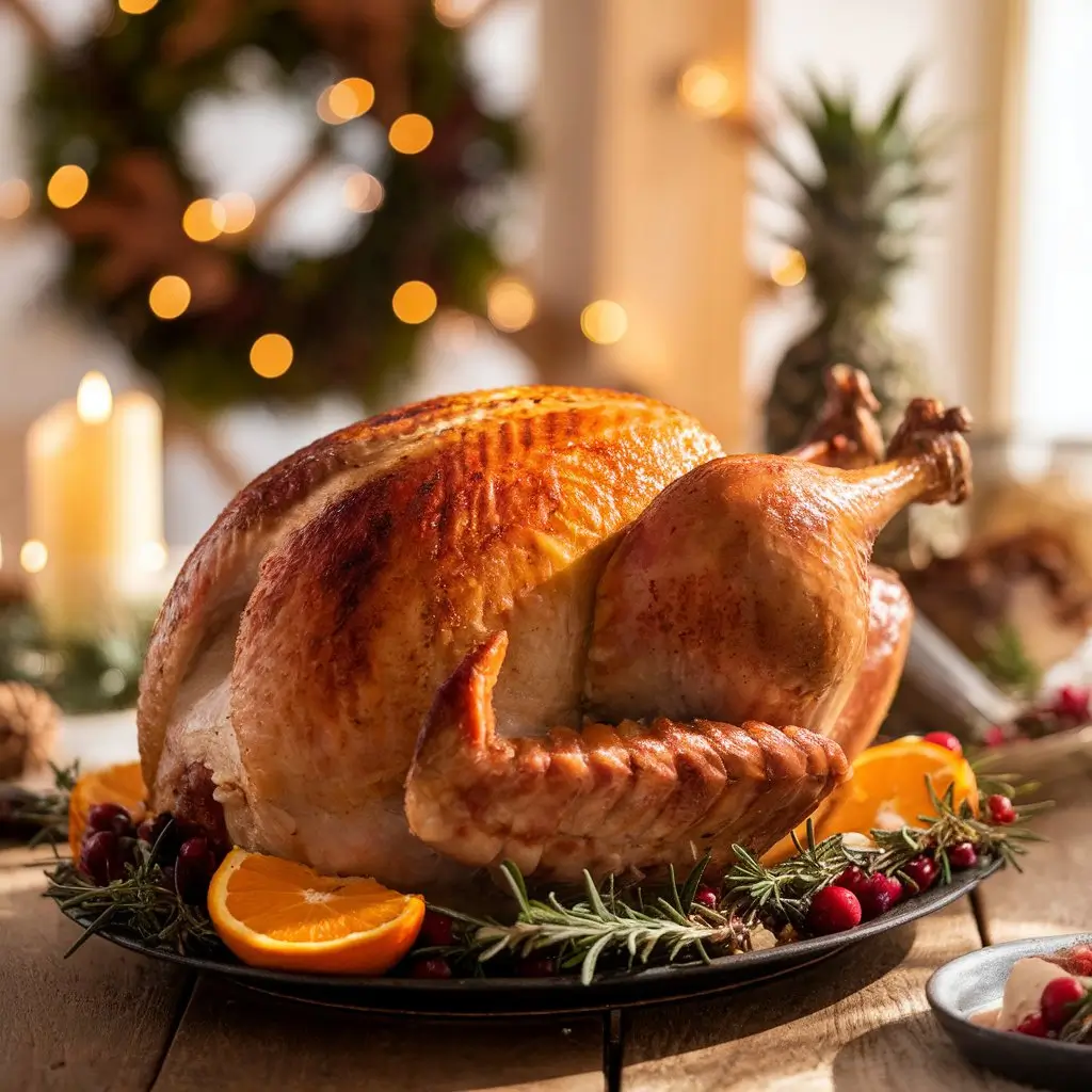 Golden roasted spatchcock turkey on a rustic table with festive garnishes.