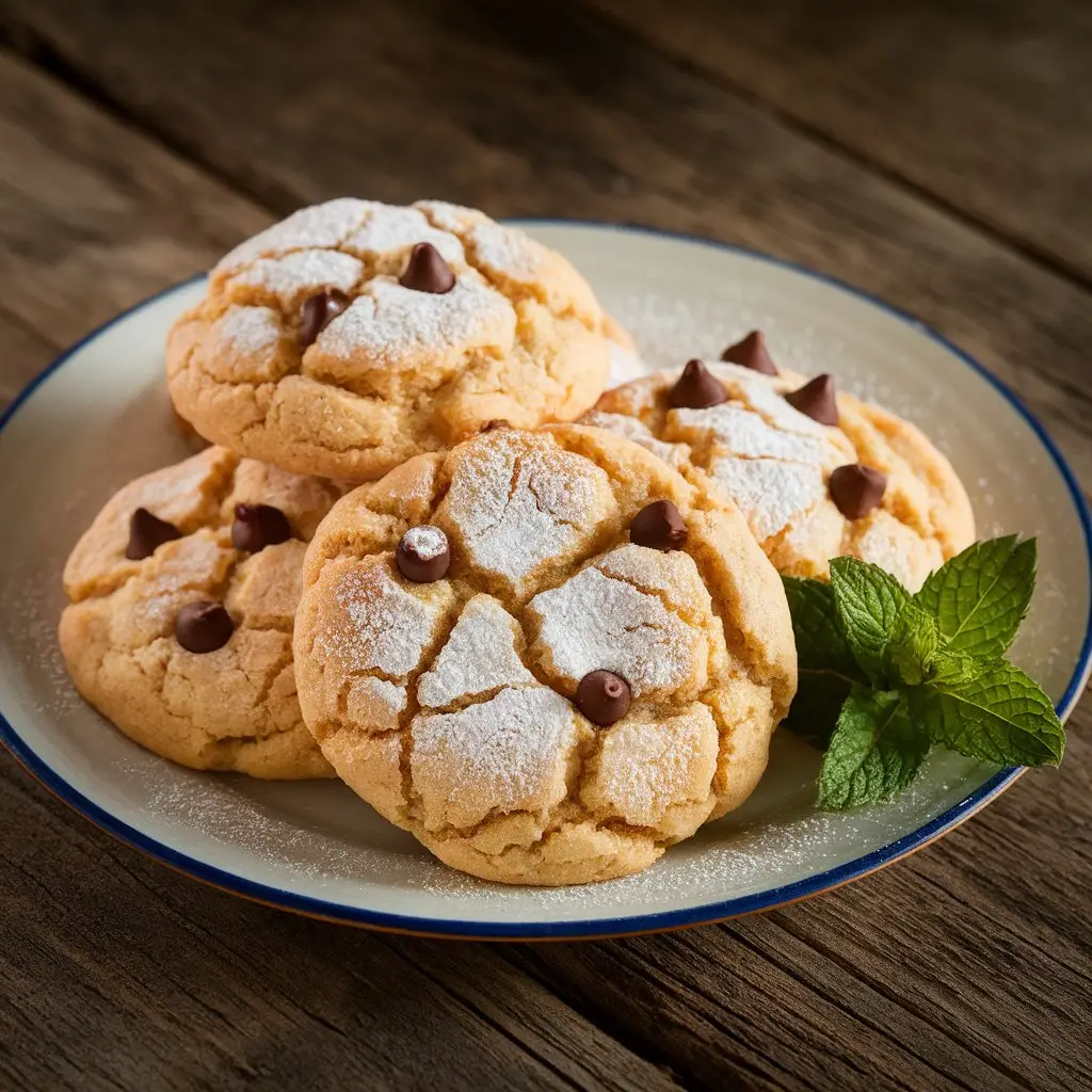 Close-up of freshly baked soft sour cream cookies, golden-brown with a cracked surface, dusted with powdered sugar, surrounded by chocolate chips and a sprig of mint.