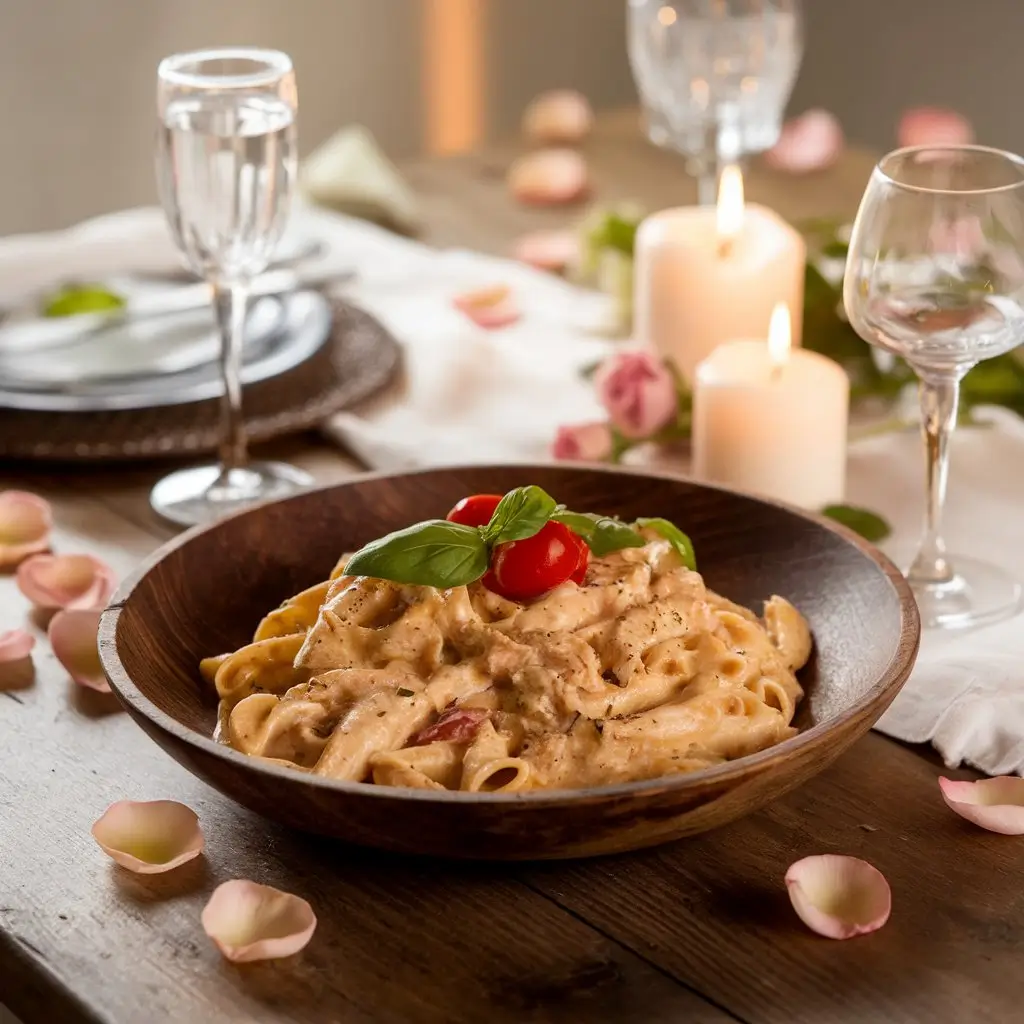 A romantic plate of creamy chicken pasta garnished with basil and cherry tomatoes, set on a rustic table with candlelight and rose petals.