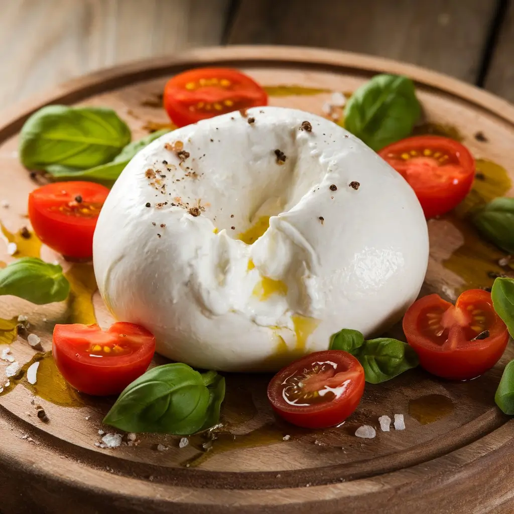 Rustic wooden board with burrata cheese oozing creamy interior, surrounded by cherry tomatoes, basil, olive oil drizzle, and cracked black pepper.