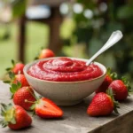 Thick strawberry puree with fresh strawberries and a spoon.