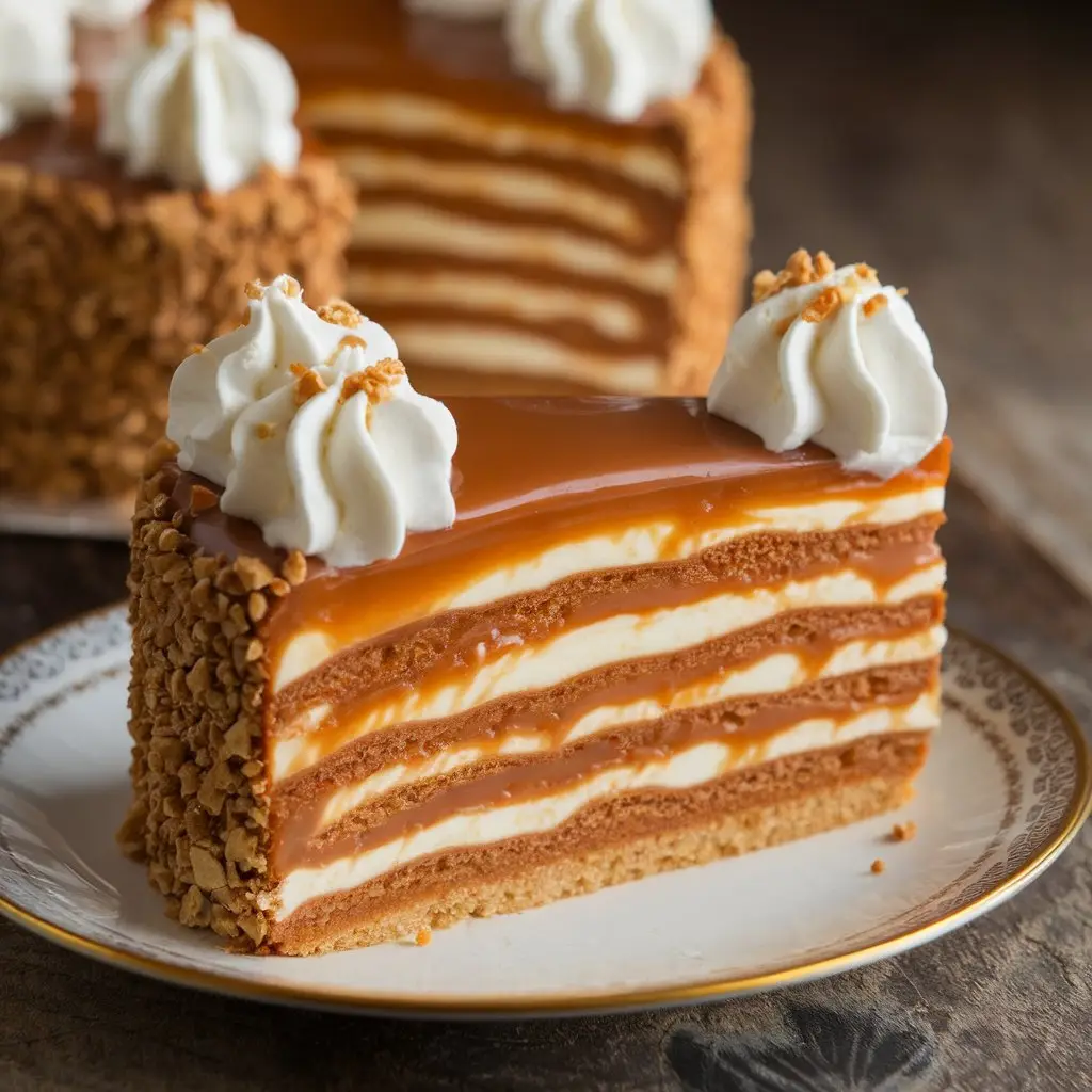 "A slice of moist dulce de leche cake with caramel filling, chocolate ganache, whipped cream swirls, and crushed nuts on a rustic plate."