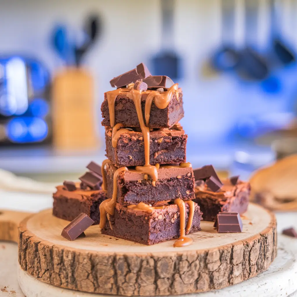 Stack of Slutty Brownies with Chocolate and Caramel Garnish