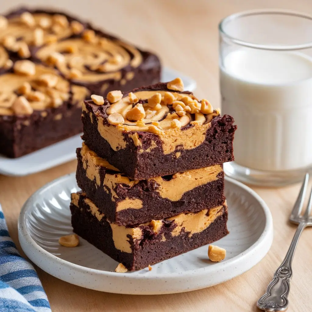 A stack of peanut butter brownies with visible swirls, garnished with crushed peanuts on a white plate.