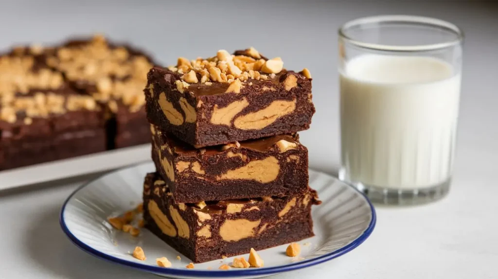Fudgy peanut butter brownies with a swirl, served on a plate.