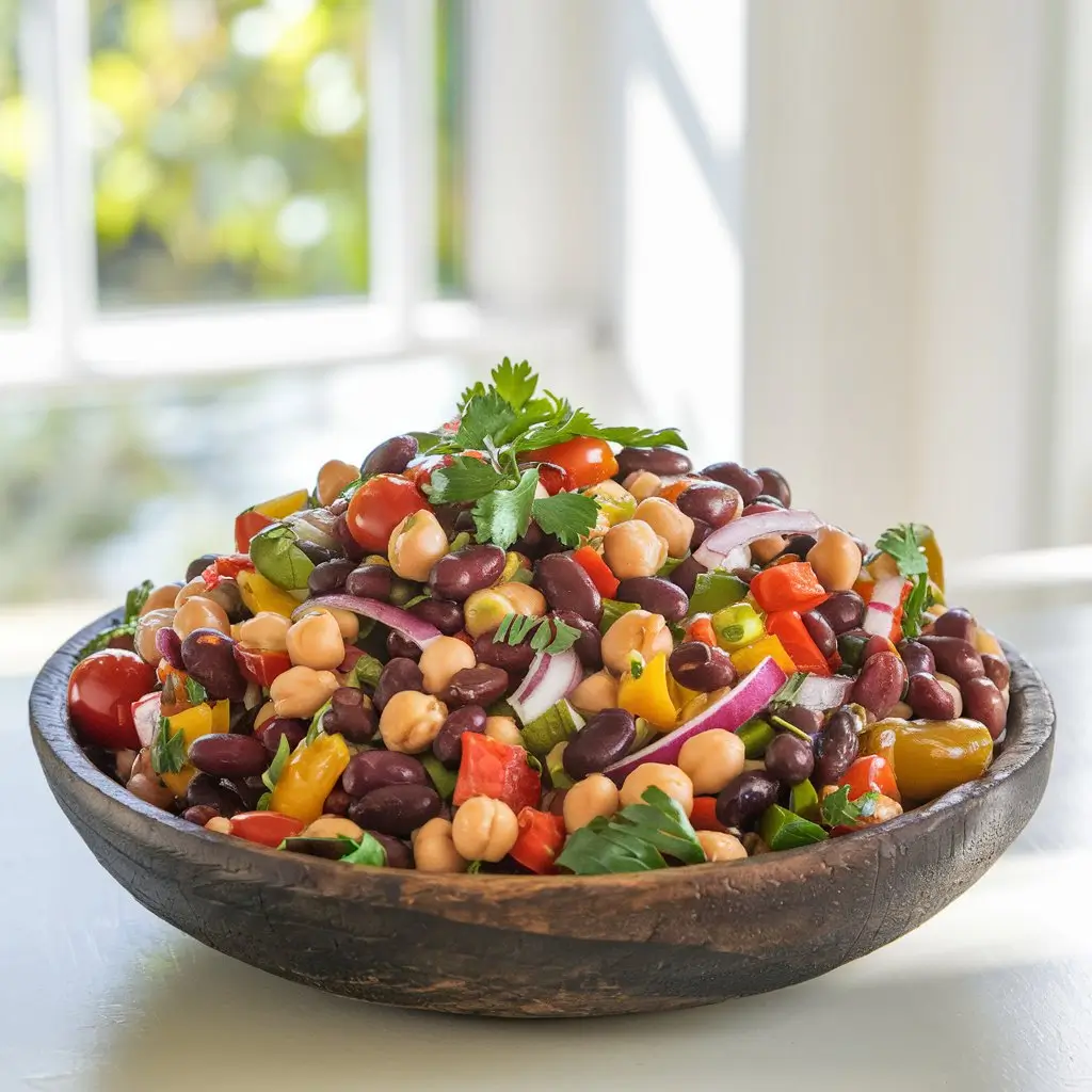 A vibrant bean salad with black beans, kidney beans, chickpeas, bell peppers, red onion, cherry tomatoes, and fresh herbs in a rustic wooden bowl.