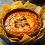 A bowl of authentic Tex-Mex chile con queso surrounded by tortilla chips.