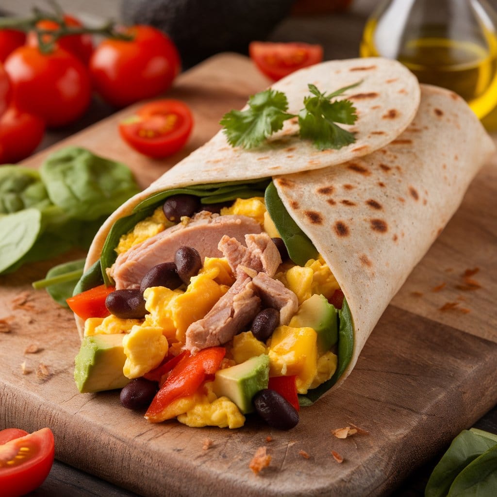 A vibrant breakfast burrito with egg whites, lean turkey, black beans, bell peppers, spinach, and avocado on a whole wheat tortilla.