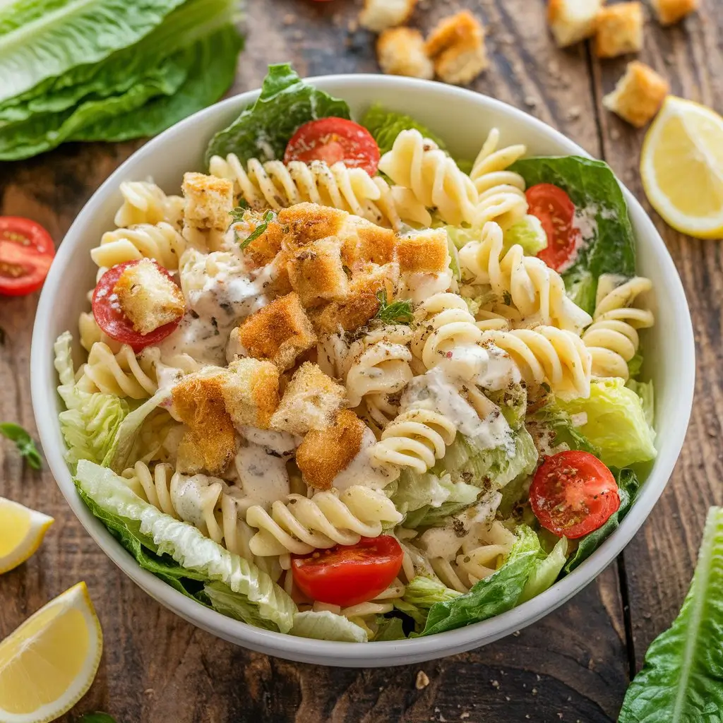 Caesar pasta salad with rotini pasta, romaine lettuce, croutons, cherry tomatoes, and Parmesan cheese, drizzled with Caesar dressing.