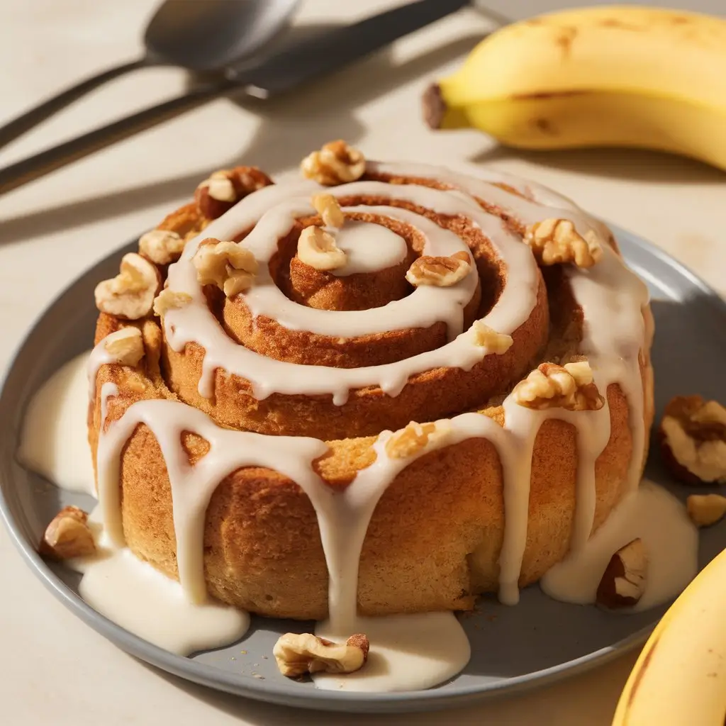 "Banana bread cinnamon roll drizzled with creamy icing, sprinkled with crushed walnuts, on a modern plate with banana in soft morning light."