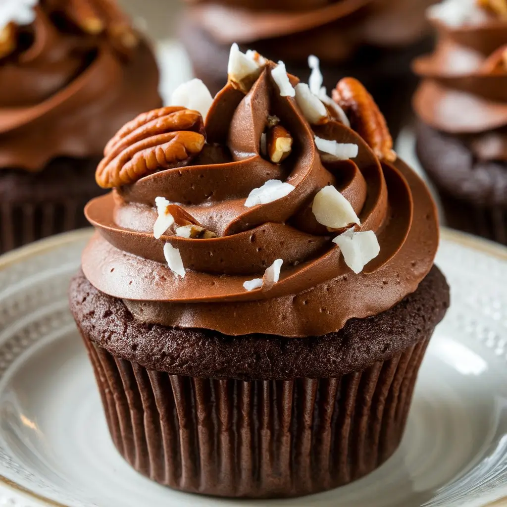 Close-up of German chocolate cupcake with glossy coconut pecan frosting.