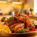 Golden crispy hot honey chicken wings with side dishes.