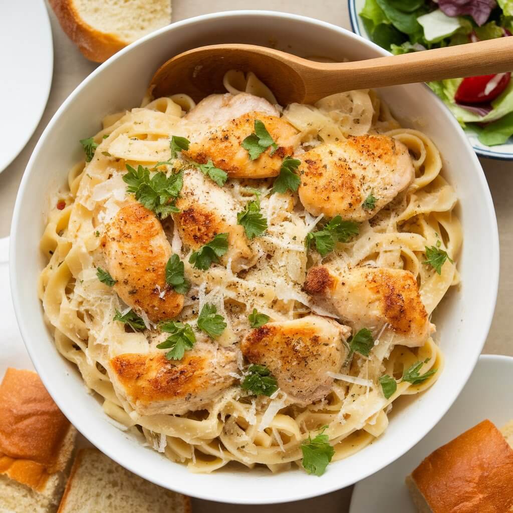 Family-style garlic parmesan chicken pasta in a serving bowl.