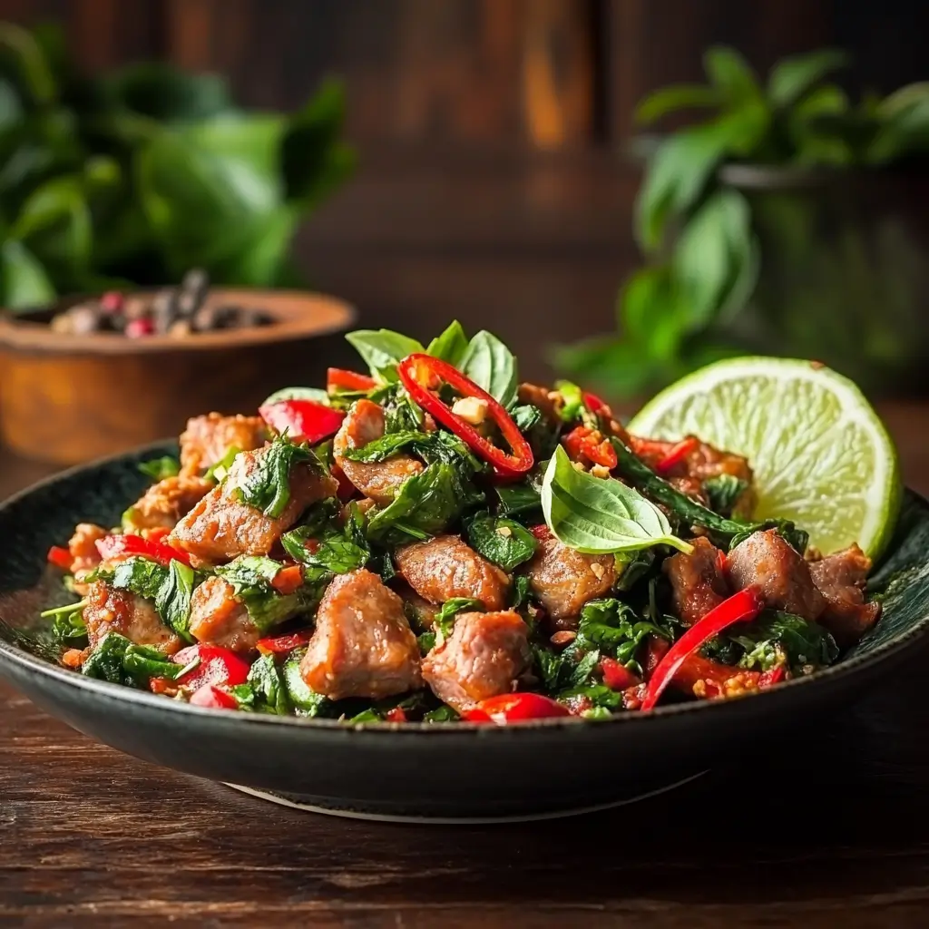 A vibrant Thai chili stir-fry with pork and basil.