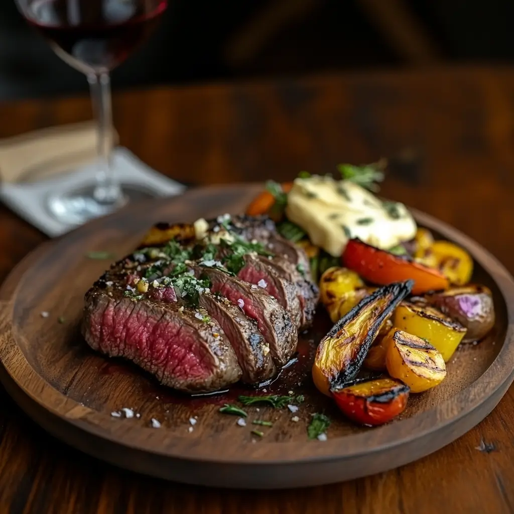 Perfectly cooked hanger steak sliced on a plate